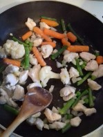 Chicken, vegetables frying.