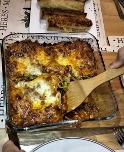 Dishing up lasagne
